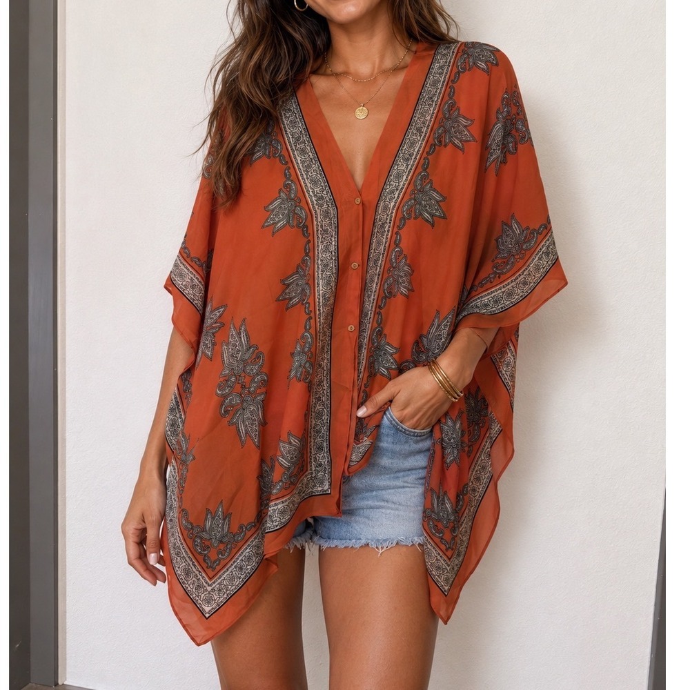 Catoβ Rust Orange Paisley Border Print Button Front Kimono Wrap One Size t3